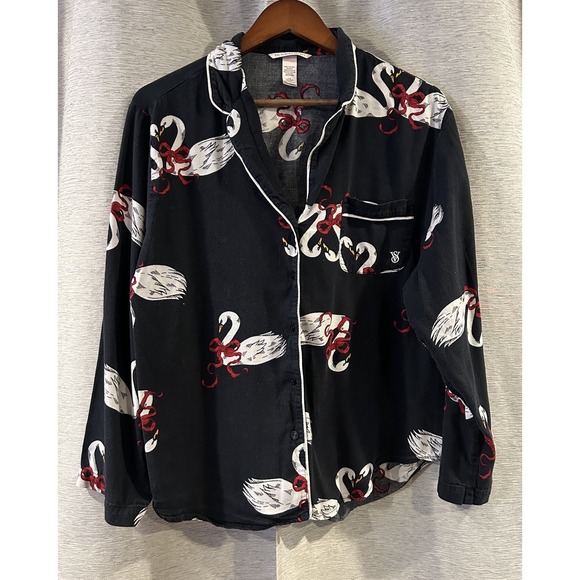 Victoria Secret Pajama Set Black Swan Print Long Sleeve Top & Pants Women's L - Picture 2 of 10